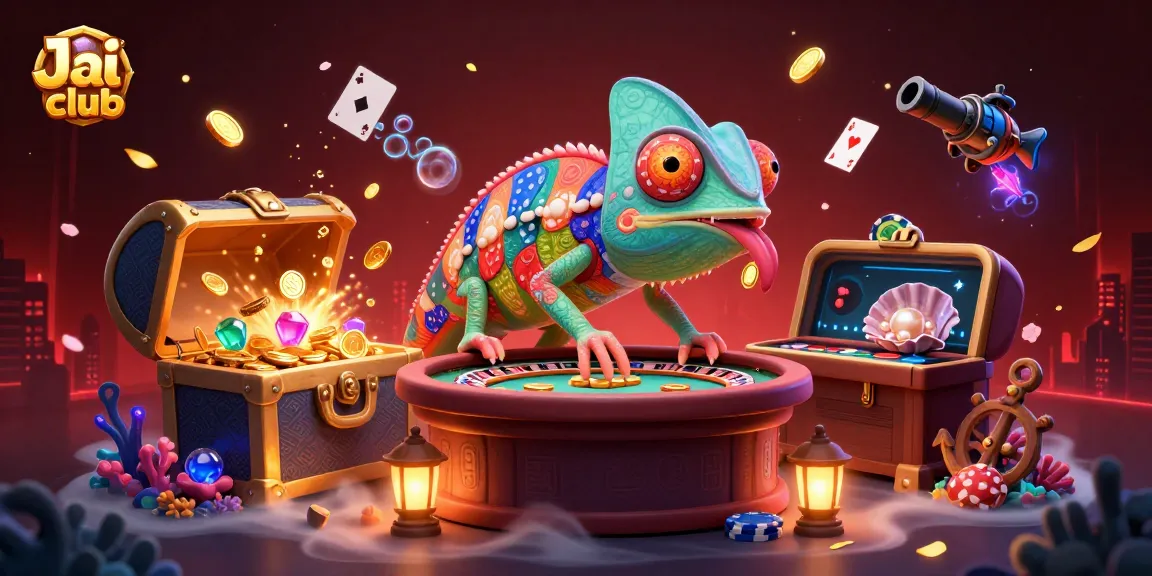 Engage with thrilling gameplay at Jai club, featuring a vibrant 3D chameleon casino owner amidst gold and gems.