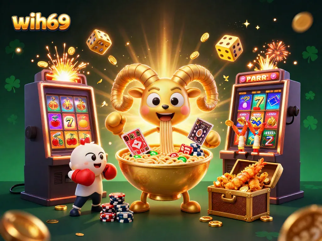 Permainan seru di WIH69 dengan karakter lucu dan mesin slot memukau dalam ilustrasi 3D.