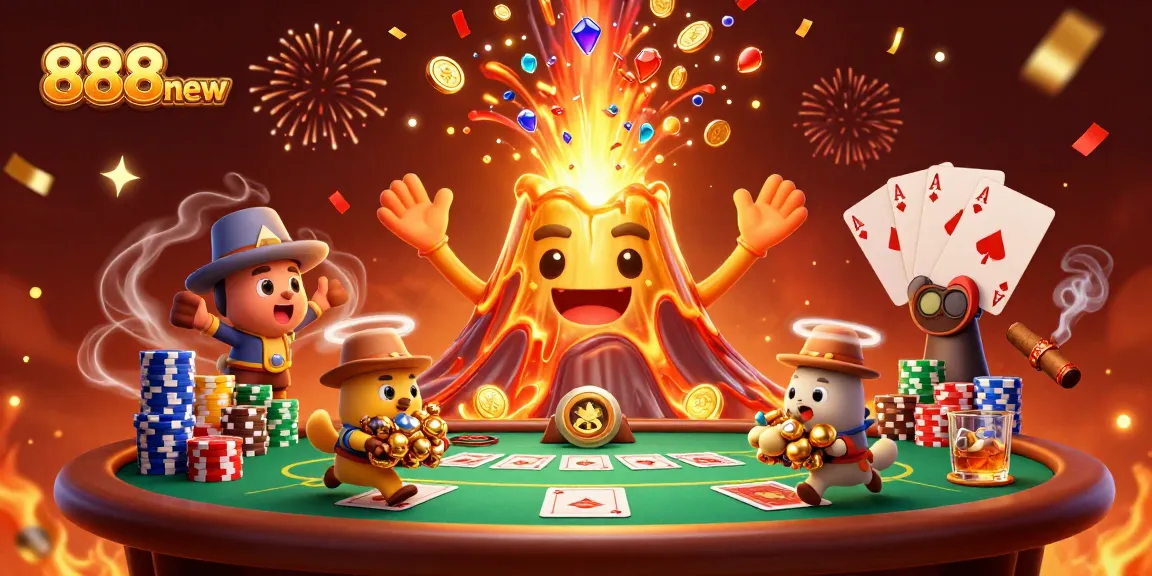 Experience the thrill of winning at 888new, where a golden volcano erupts treasures at a vibrant casino!