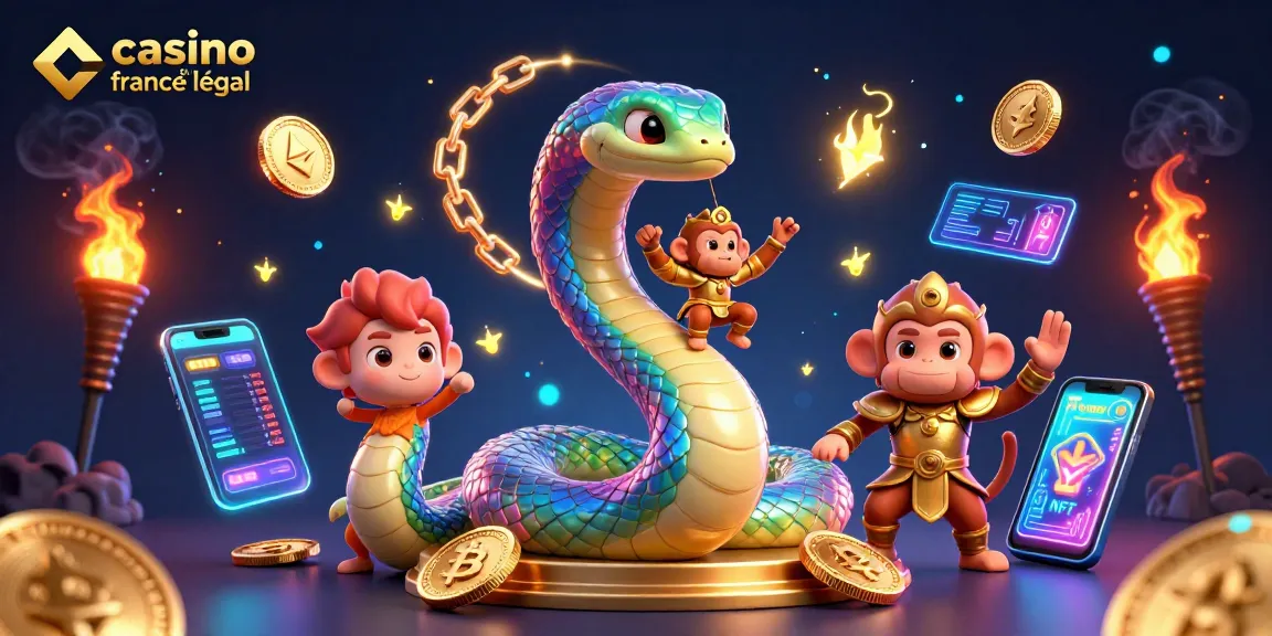 Jouer dans un casino en ligne légal en France avec une scène animée de serpents colorés et des pièces de crypto-monnaie.