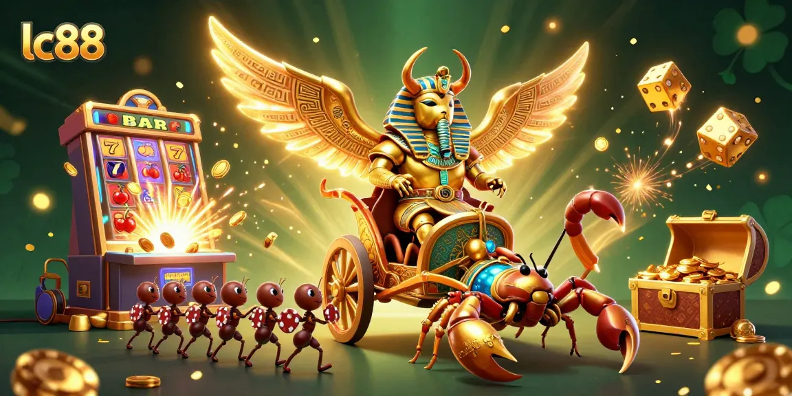 Experience thrilling lc88 adventures with a dynamic casino scene featuring a golden scarab and exciting games.