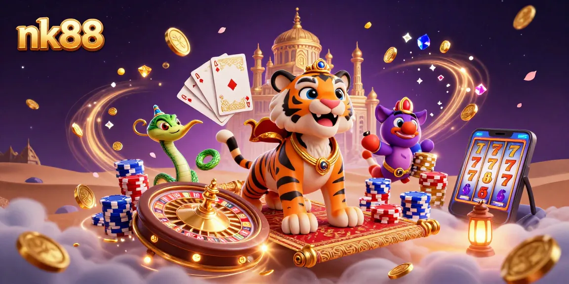 Spin the reels and win at nk88's vibrant casino, featuring a magical Arabian sultan and treasures!