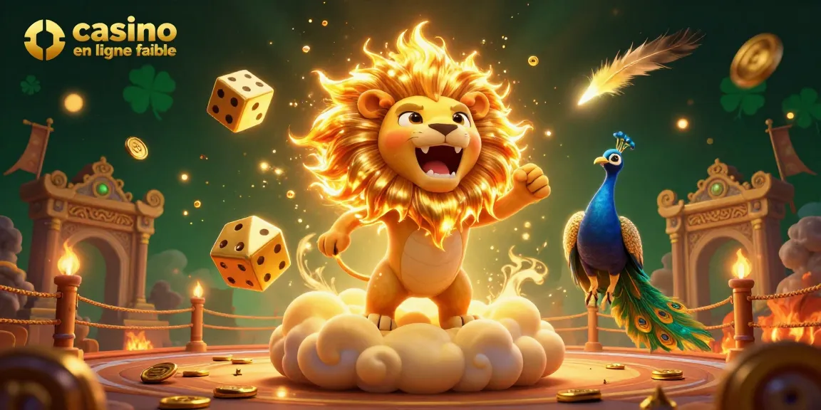 Découvrez l'univers du casino en ligne fiable avec un lion solaire et des dés dorés dans une scène dynamique.