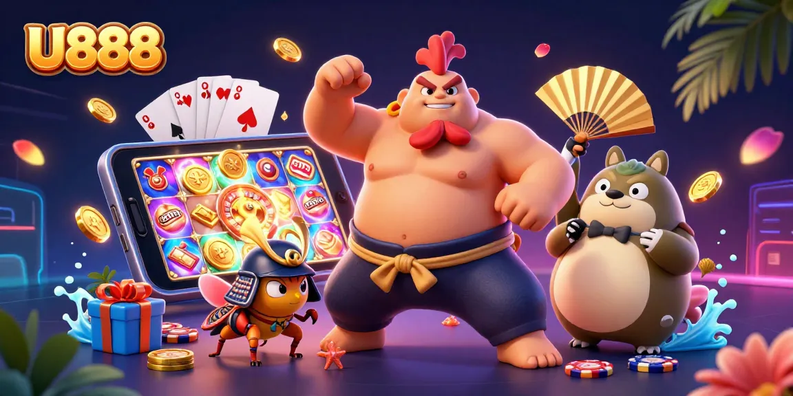 Experience the thrilling world of U888, where powerful characters and epic games collide in a vibrant casino scene.