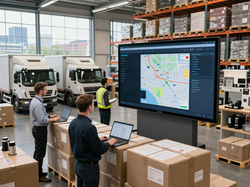 LKW Spedition in Dortmund: Moderne Logistikdrehscheibe mit aktiven Transportvorbereitungen und Fachleuten.