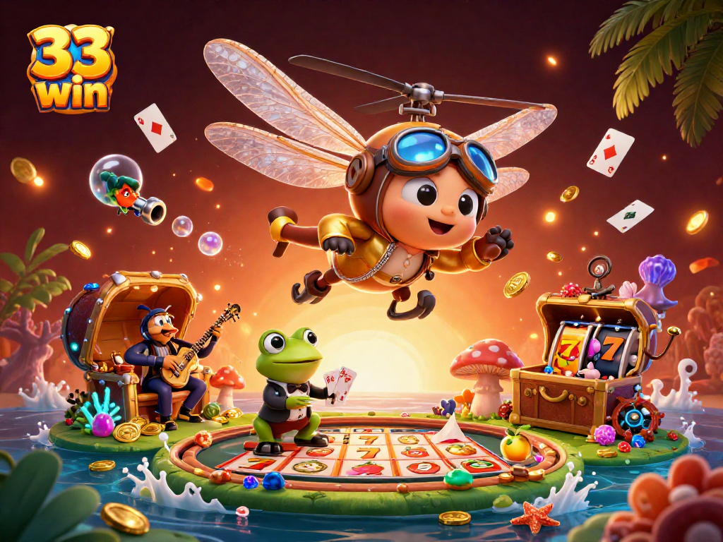 Experience thrilling gameplay with 33 win as a dragonfly pilot and frog croupier at the casino.
