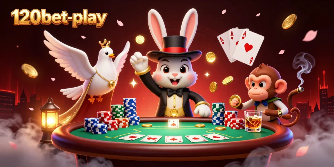 Engage with 120bet-play's magical scene featuring a magician rabbit, poker chips, and enchanting atmosphere.