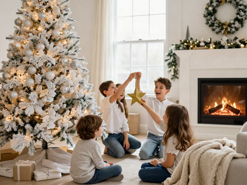 Family enjoying the festive season around a beautifully decorated christmas tree with white in a cozy living room.