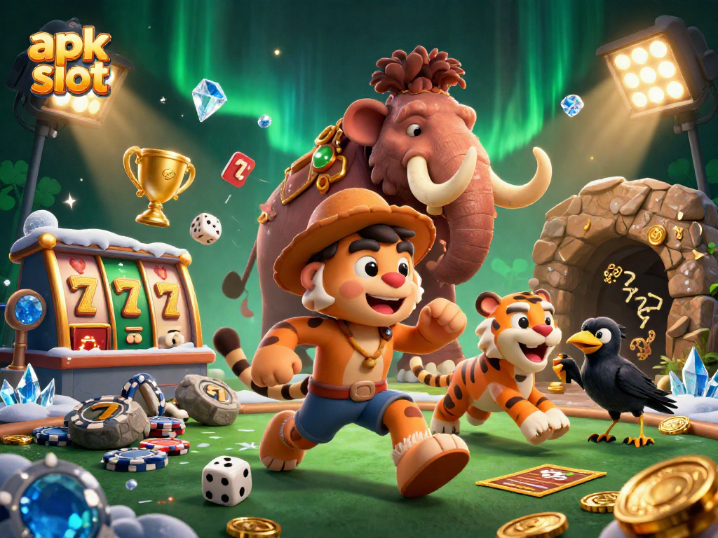 Menangkan jackpot di apk slot dengan gambar slot berwarna-warni dan karakter kasino menarik.