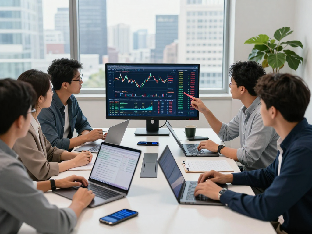 Team analyzing TradingView data in a bright office setting, showcasing collaboration and modern financial tools.