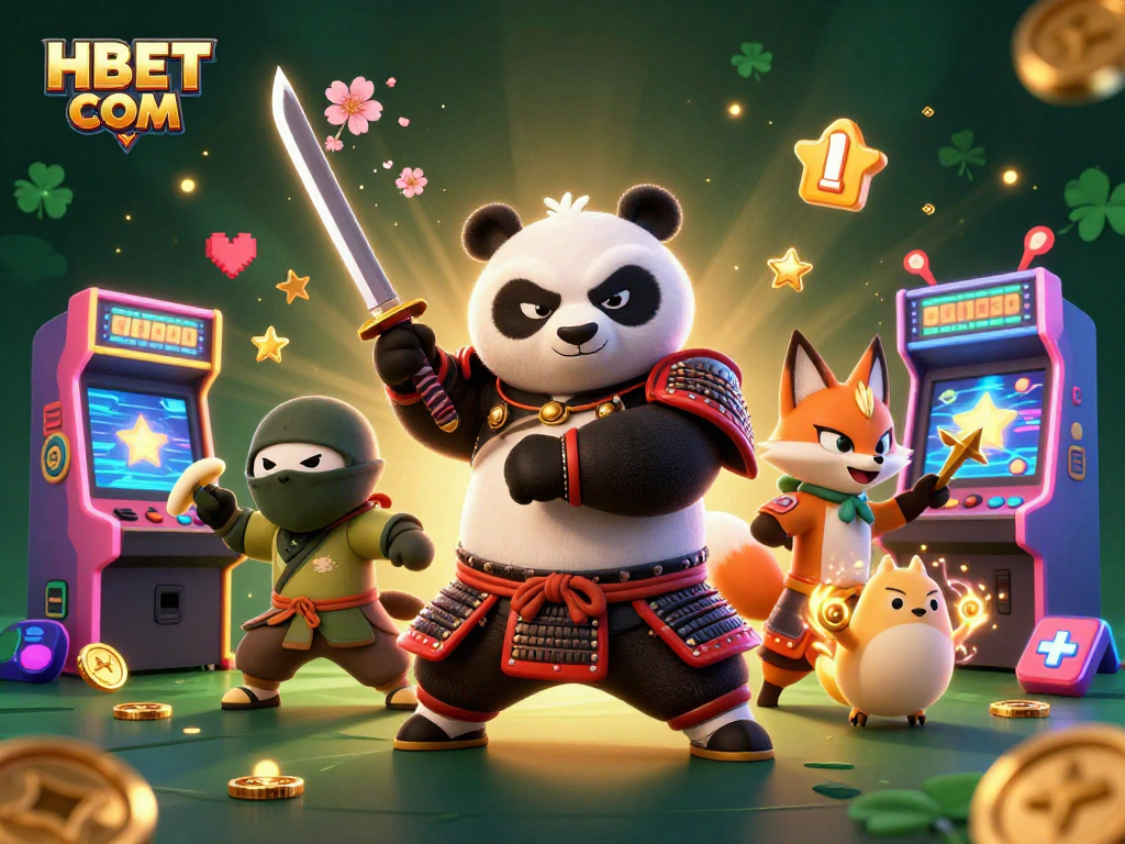Join the fun with HBET COM in a vibrant 3D casino scene featuring a samurai panda and ninja fox.