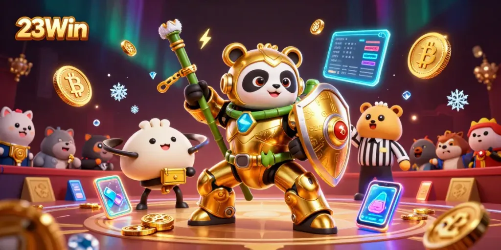 Engage with 23Win's vibrant casino scene featuring a golden panda in action amidst crypto elements.
