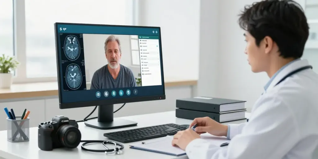 Telemedicine for stroke consultation in a modern healthcare setting featuring a doctor and patient interacting remotely with digital brain scans.