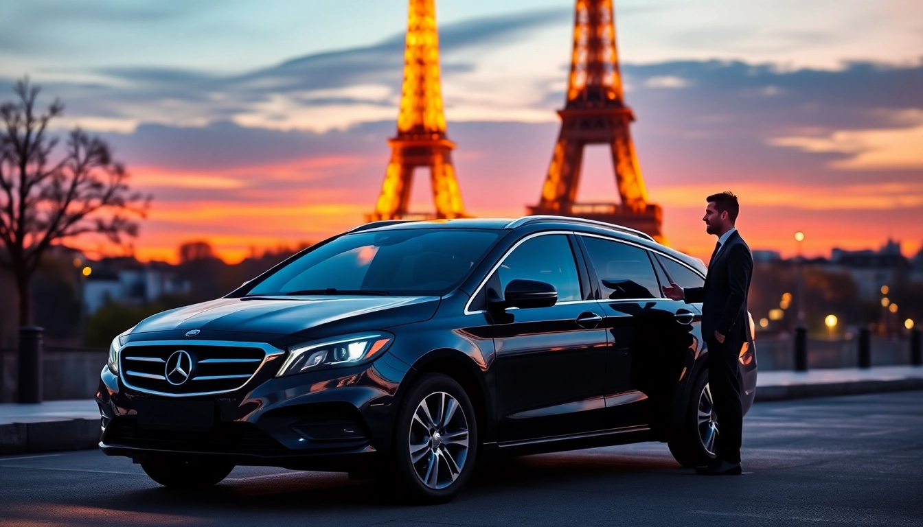 Experience a seamless Orly Airport to Paris Transfer, featuring a modern vehicle by the Eiffel Tower.
