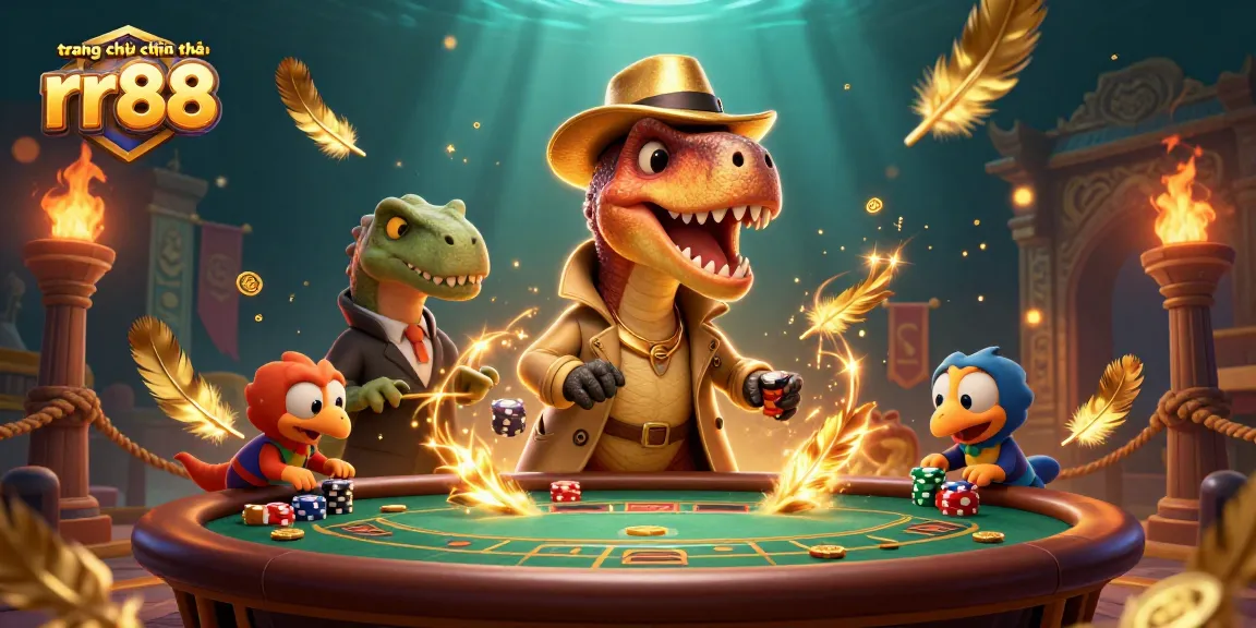 Engaging illustration of the trang chủ chính thức rr88 featuring characters at a blackjack table, showcasing vibrant casino elements.