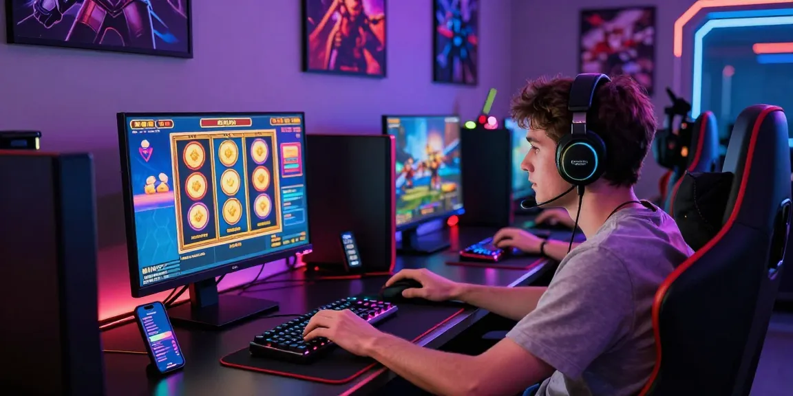 Engaged player enjoying slot mpo gaming experience in vibrant room with tech gadgets.