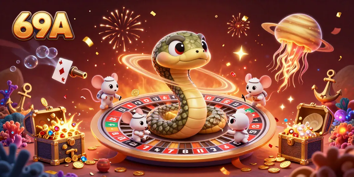 Atraia a sorte jogando com 69A em uma cena de cassino cósmico e divertida, repleta de elementos de jogo.