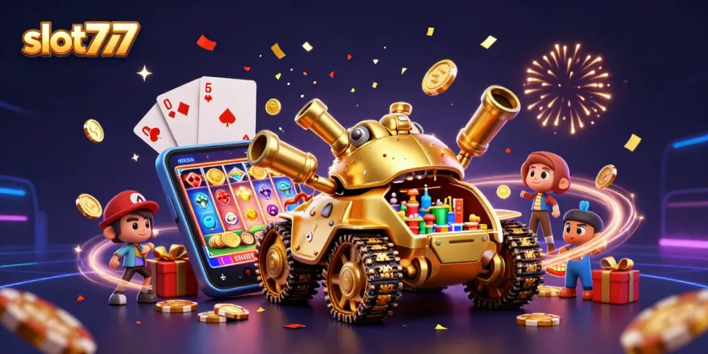 Menangkan jackpot dengan slot777 dalam ilustrasi kasino futuristik yang meriah.