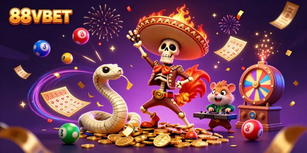 Experience vibrant fun with 88VBET as a lively skeleton rooster celebrates wins on golden coins amidst colorful lottery elements.