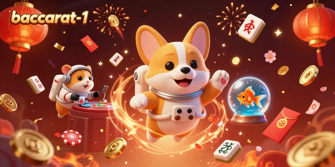 Baccarat-1 showcases an exciting space casino scene with a floating corgi and gaming elements.