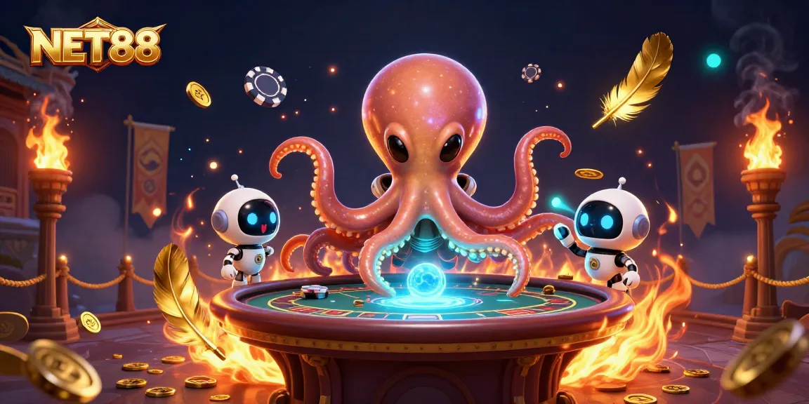 NET88 showcases a vibrant alien octopus at a poker table amidst swirling golden feathers and ember sparks.