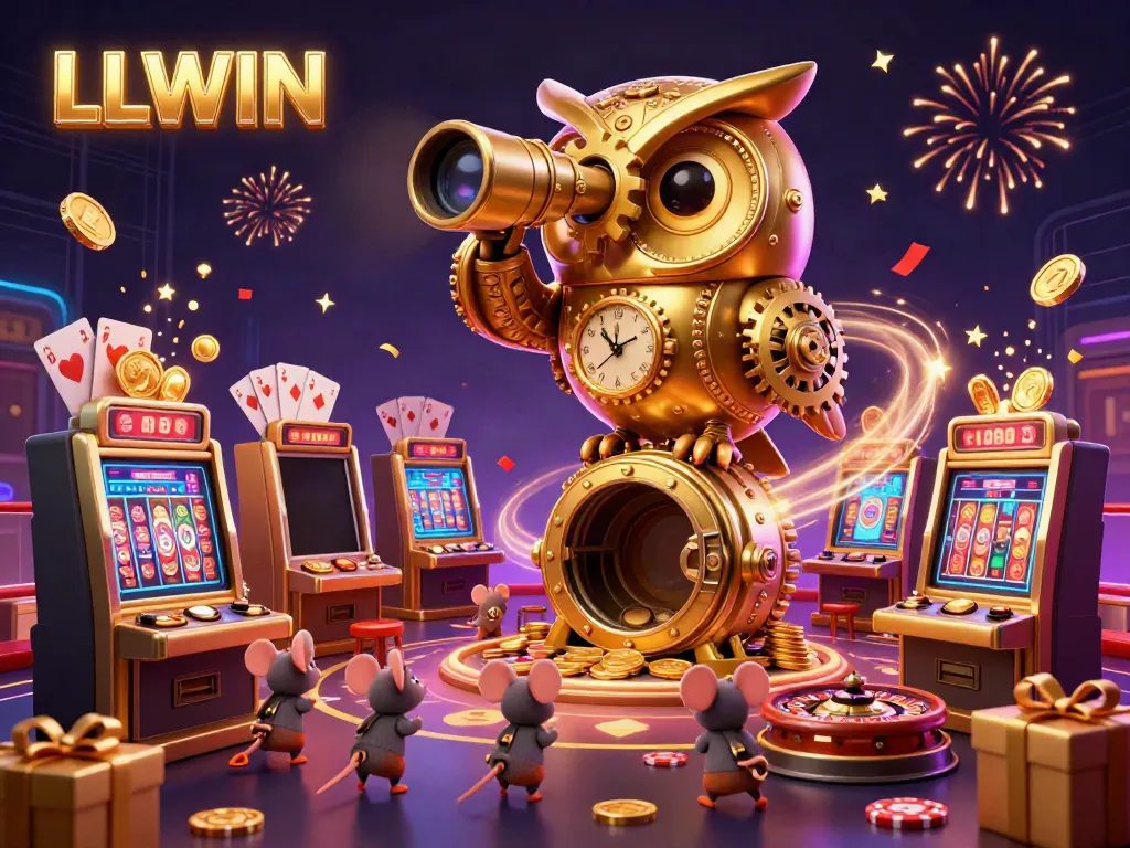 Experience the thrill of gaming with LLWIN's vibrant casino scene featuring a golden owl and slot games.