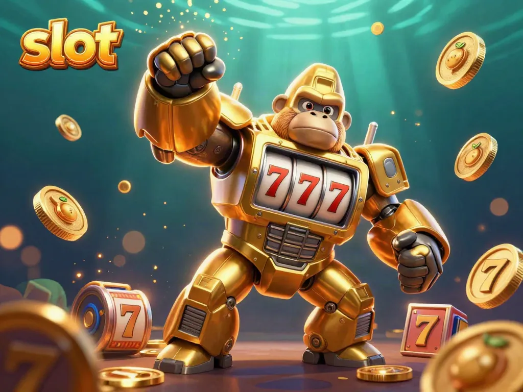 Mech gorila dari mesin slot dengan simbol keberuntungan dan koin yang meledak, menggambarkan kegembiraan bermain slot.