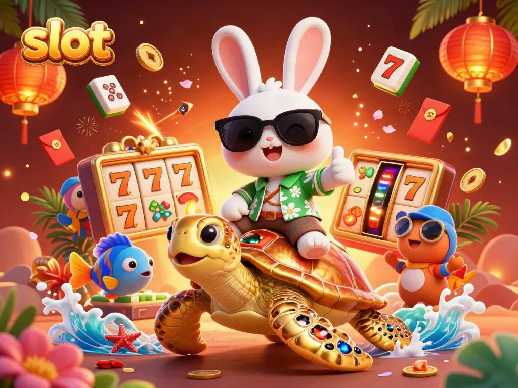 Slot menghadirkan kelinci beruntung yang mengendarai kura-kura emas dengan elemen permainan yang menggembirakan.