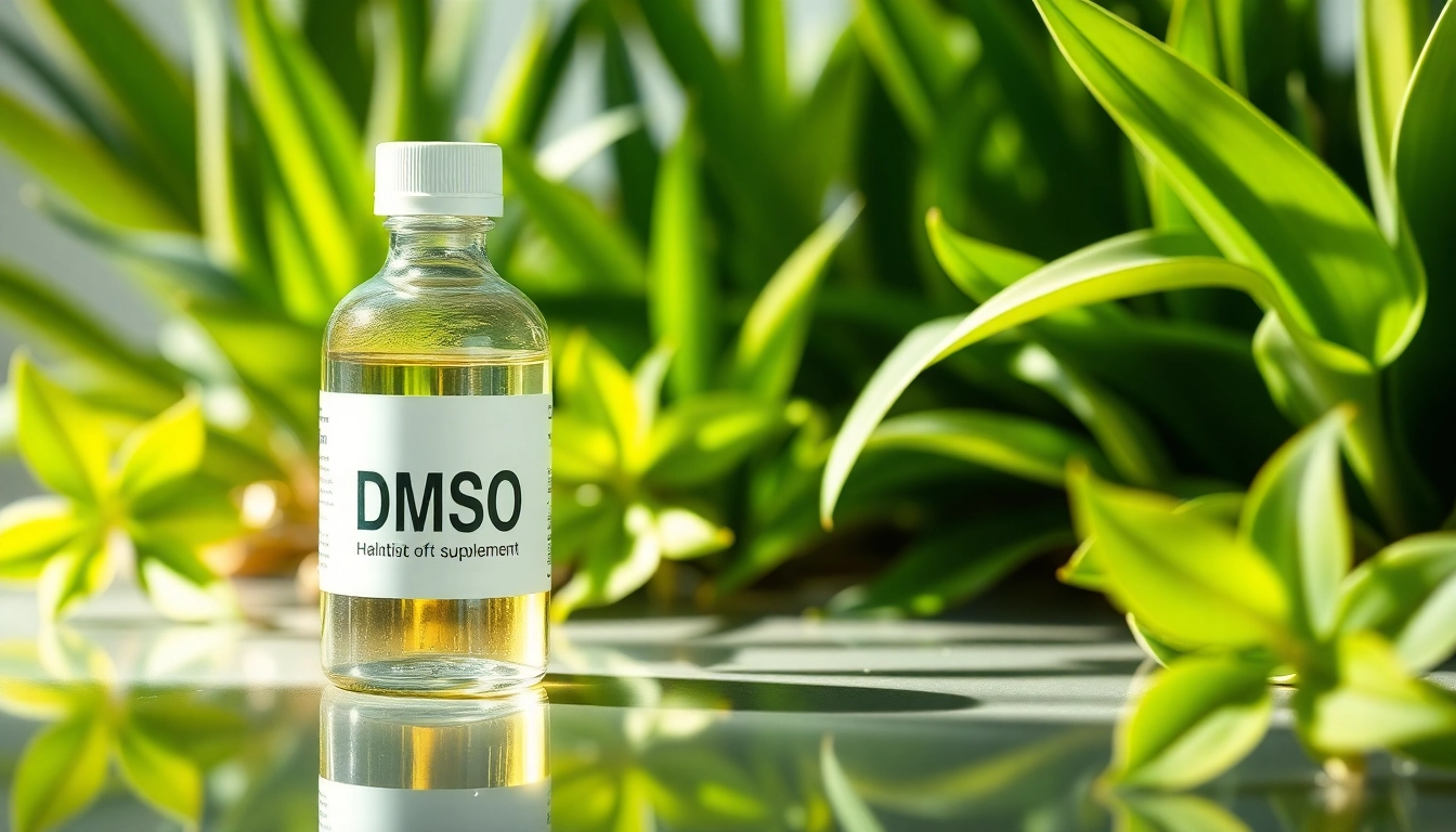 Promote dmso supplement with a visually appealing image of its clear liquid in a bottle, surrounded by greenery.