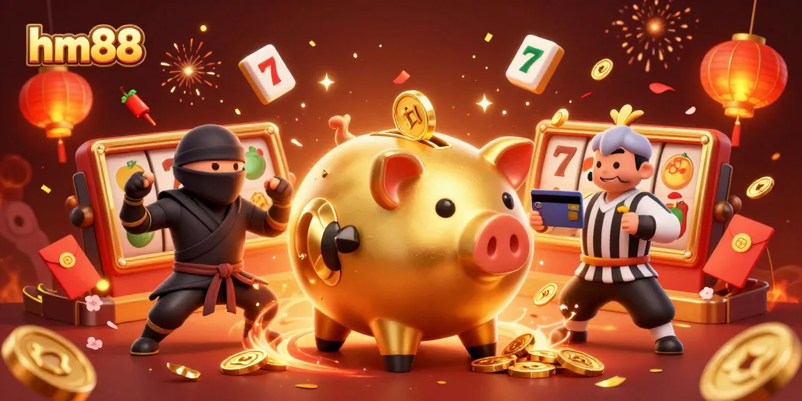 Engage with high-stakes excitement at hm88 as characters celebrate with slot reels and golden coins.