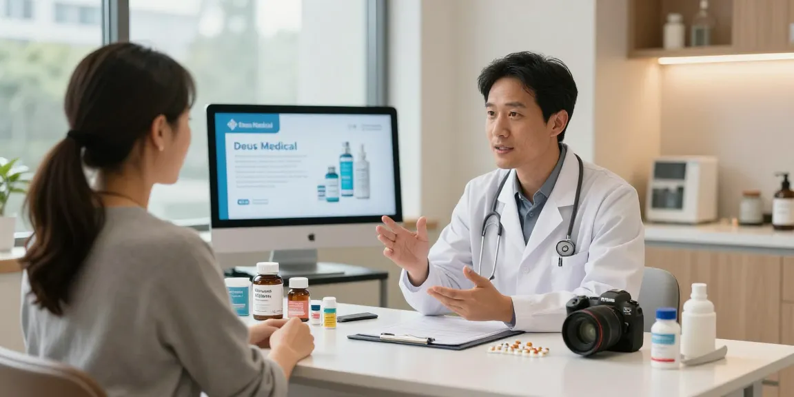 Consultation at Deus Medical clinic highlighting health products and professional care.
