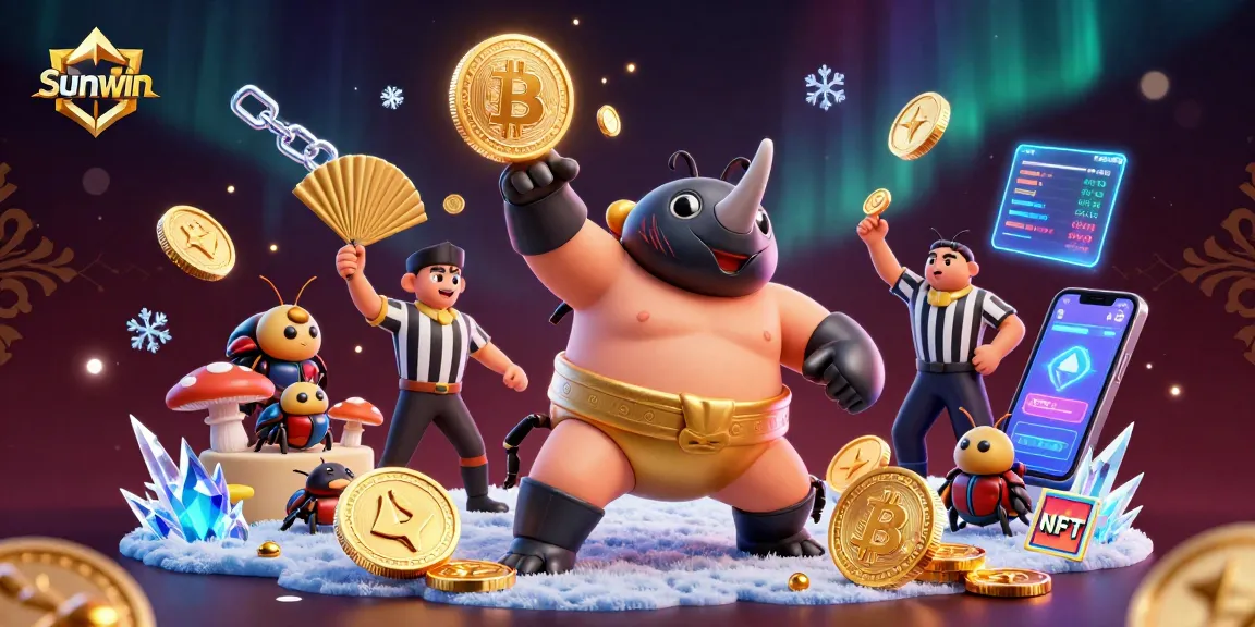 Engage with Sunwin as a cartoon beetle champion wins big in a vibrant casino scene.
