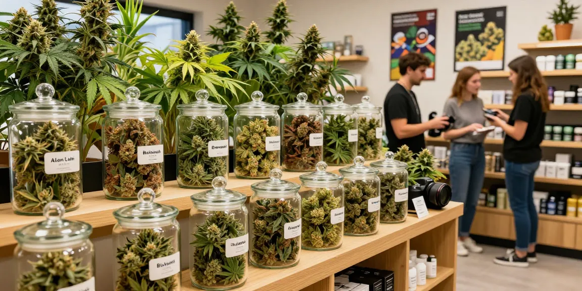 Premium Alien Labs Brainwash cannabis flower displayed in a vibrant dispensary.