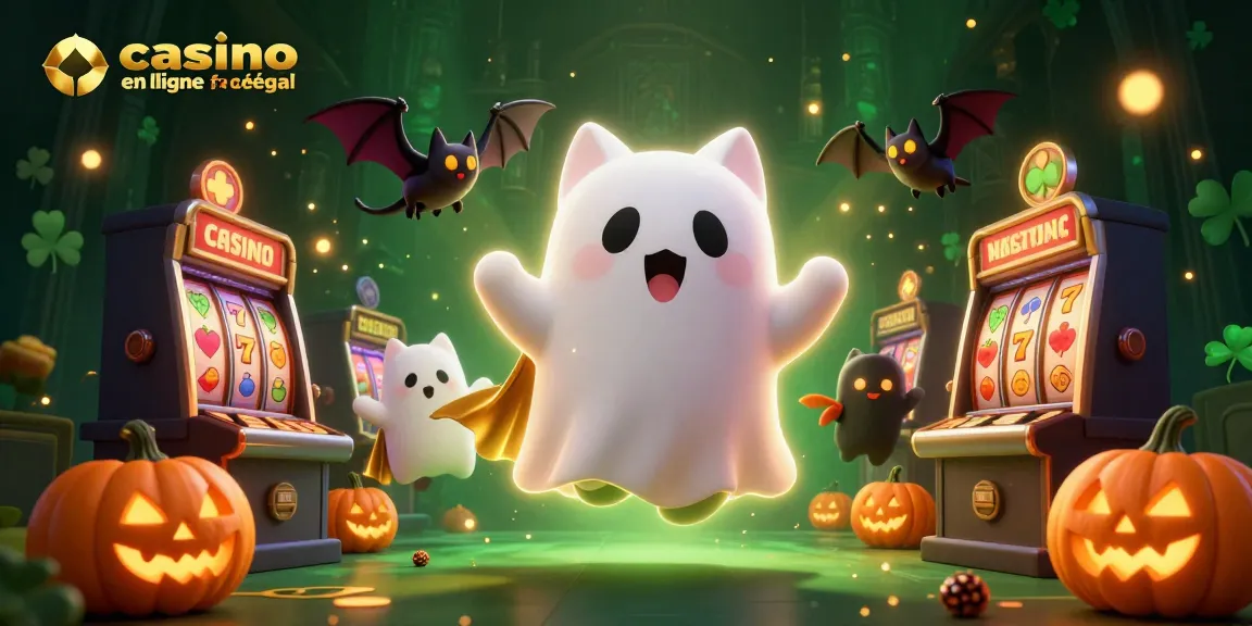 Jouez au casino en ligne légal en France dans une illustration 3D captivante avec un fantôme chat et des éléments de jackpot.