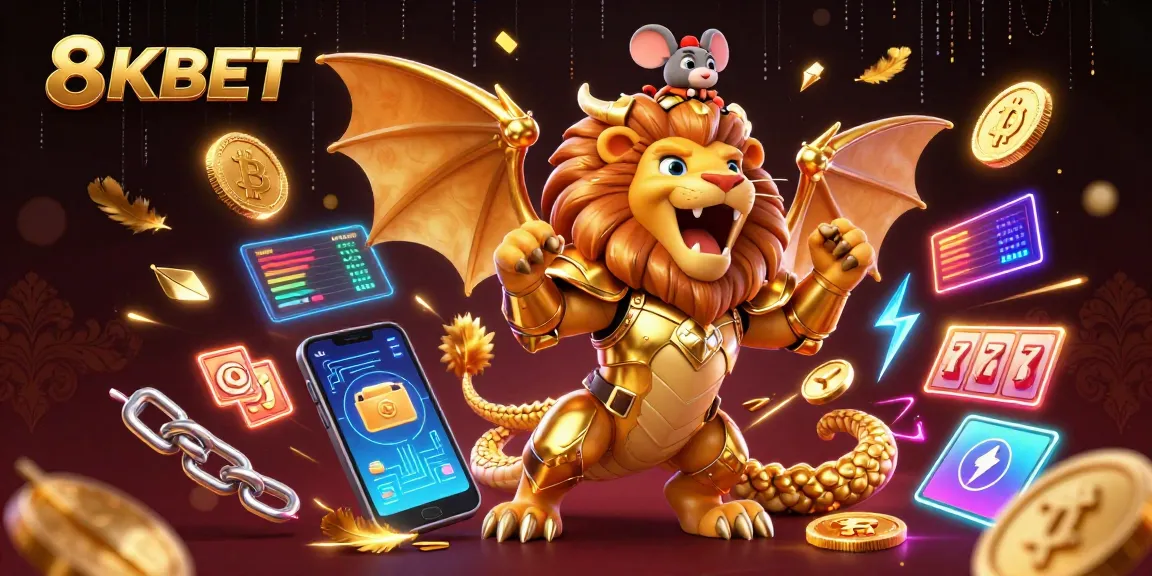 Experience the excitement of 8KBET with a dynamic casino scene featuring crypto coins and a chimera hero.