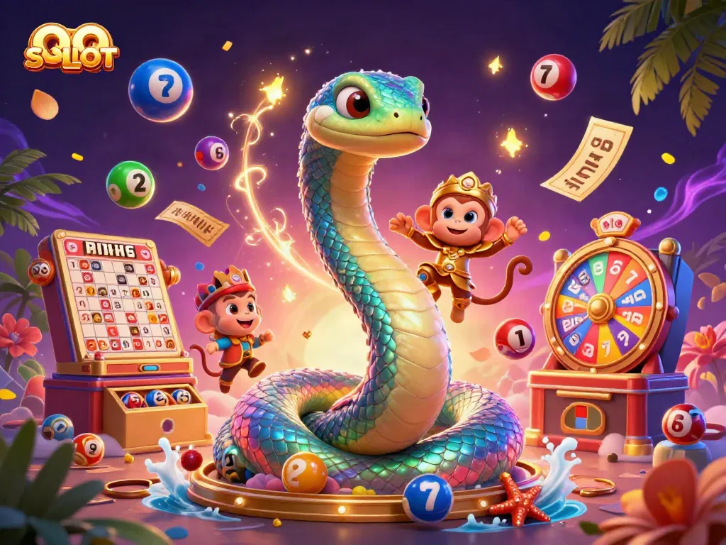 Engage in QQ SLOT with a vibrant 3D illustration of games and prizes in an exciting casino atmosphere.