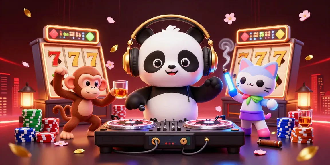 Experience vibrant freepokies action with a DJ panda, monkey, and kitten in a lively casino scene.