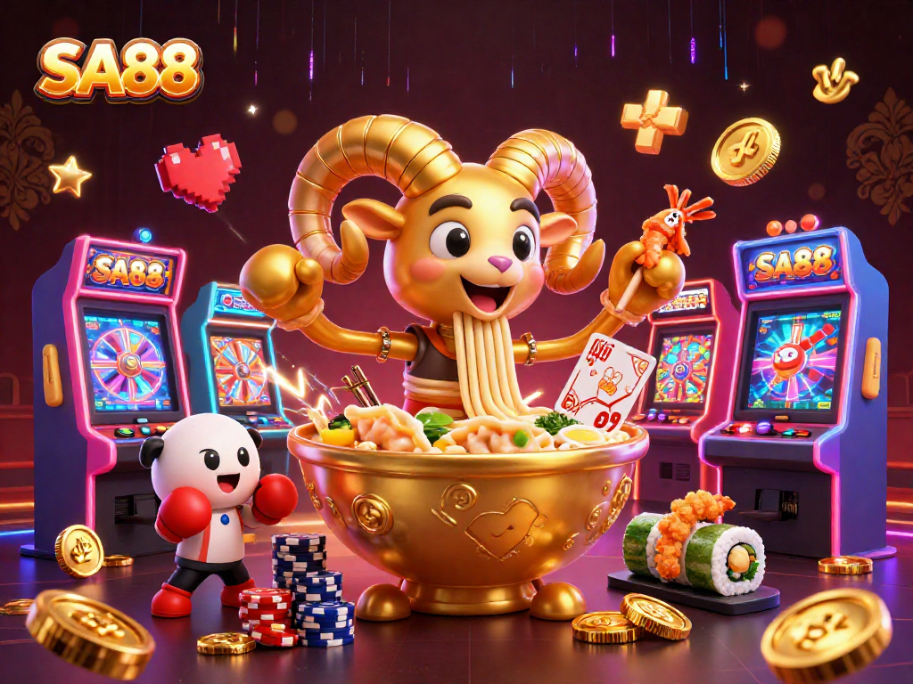SA88 slots excite players with giant ramen bowl characters and vibrant casino elements.