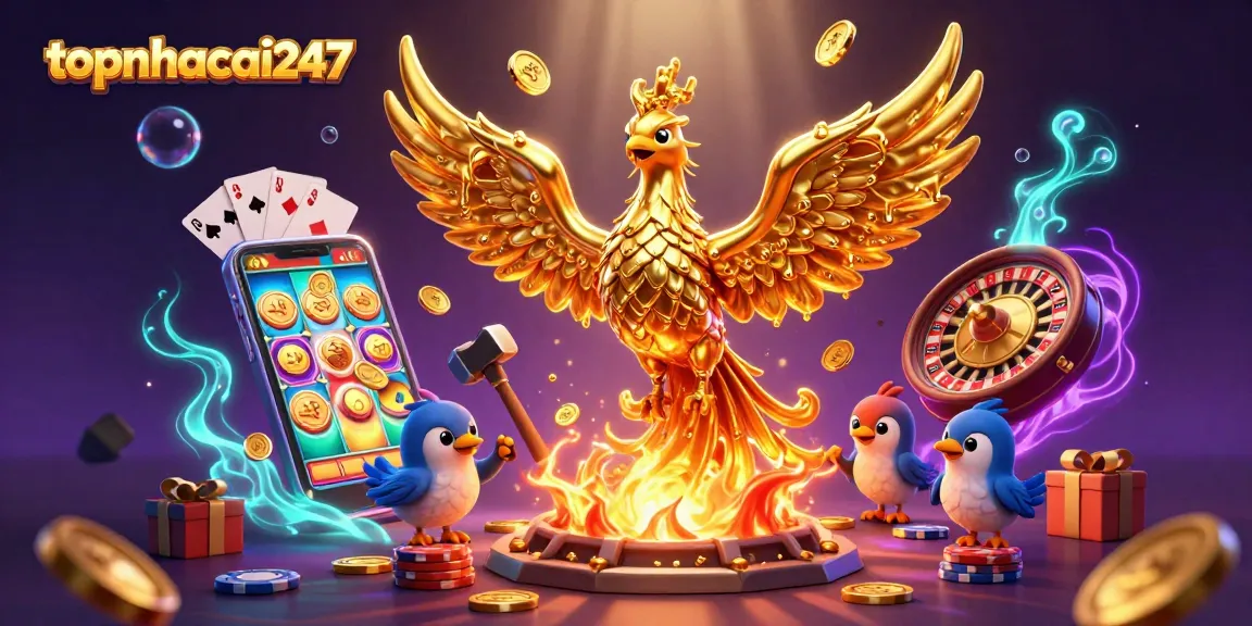 Engage with thrilling entertainment at topnhacai247 through a vibrant 3D illustration of a golden phoenix and exciting casino elements.