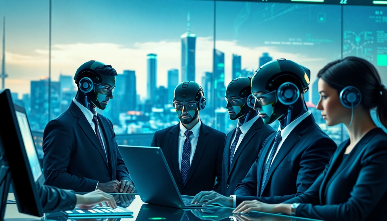 AI agents collaborating in a futuristic workspace, illustrating advanced technology and workflows.