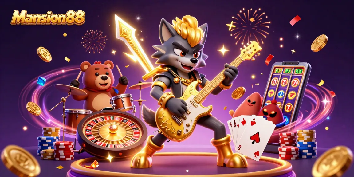 Mansion88 features a rock star wolf and a drummer bear vibing on a casino stage amidst a dazzling array of games and winning elements.