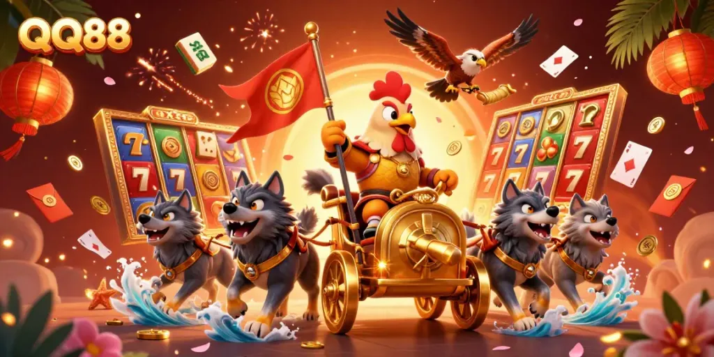 Engage in thrilling betting action with QQ88's vibrant 3D casino illustration featuring dynamic gameplay elements.