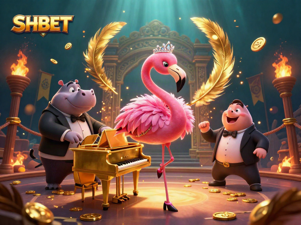 Experience SHBET's vibrant casino scene featuring cartoon characters and golden game elements.