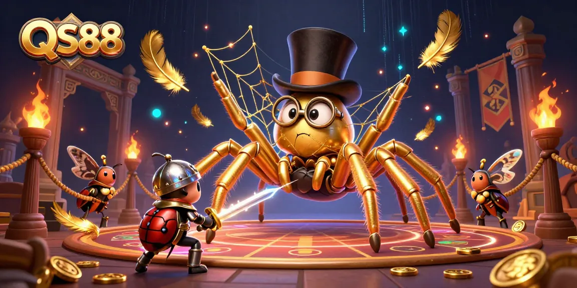 Experience the excitement of QS88 casino gaming with a dynamic, colorful illustration of a golden tarantula and beetle knight.