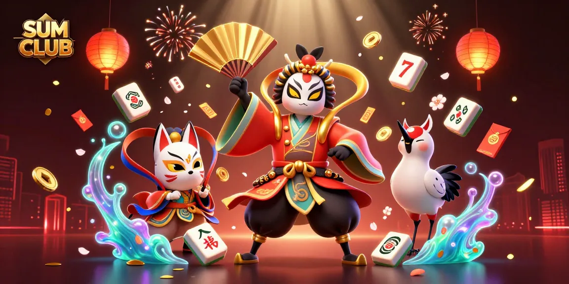Experience the excitement of SUM CLUB with a dynamic 3D casino illustration featuring vibrant game elements and characters.