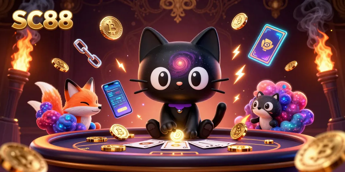 Experience SC88's casino excitement with glowing crypto coins and vibrant cartoon characters.