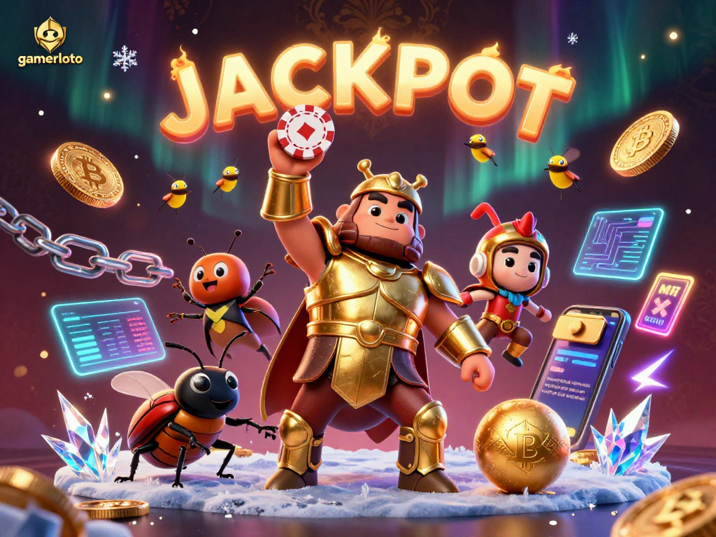 Experience gamerloto with a victorious beetle lifting a poker chip, illuminated by crypto elements.