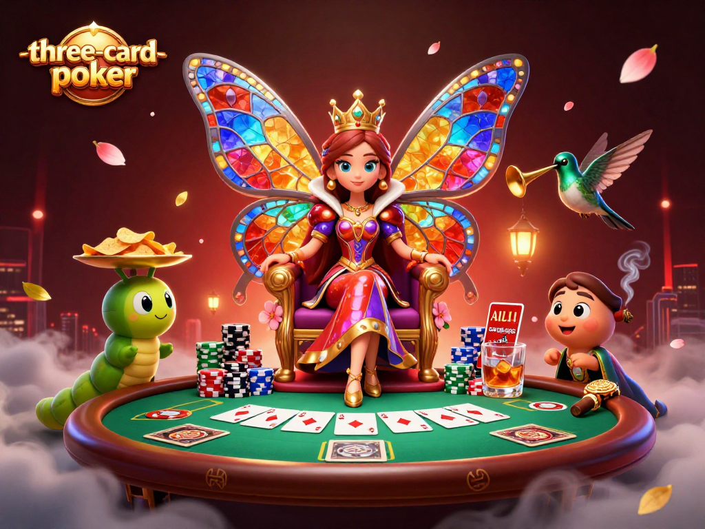 Experience three-card-poker excitement with a mystical butterfly queen and vibrant chips