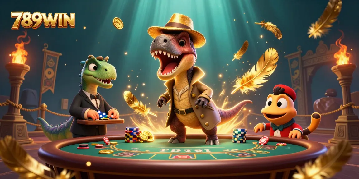 Engage with 789WIN's thrilling game action featuring a velociraptor at a blackjack table, capturing the excitement!