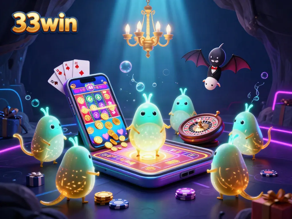Experience the excitement of 33win with vibrant casino illustrations featuring glowing characters and dynamic game elements.